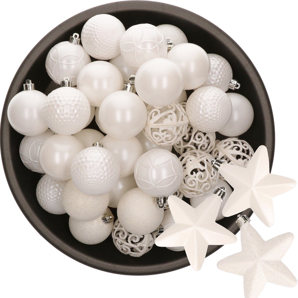 Kerstballen en sterren ornamenten - 43x stuks - kunststof - wit