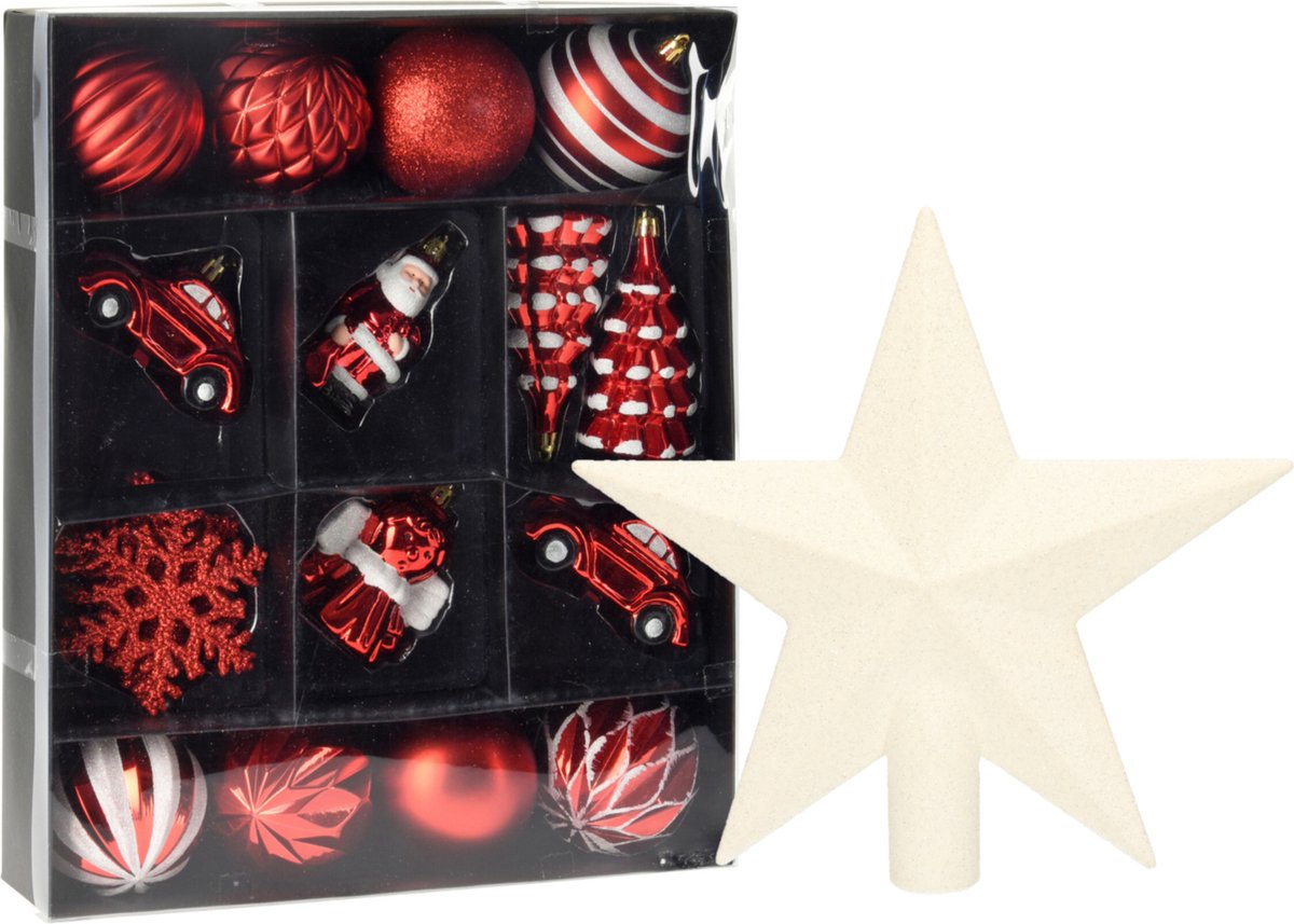 Christmas Decoration Kerstballen en ornamenten - incl. ster piek - rood/wit - kunststof