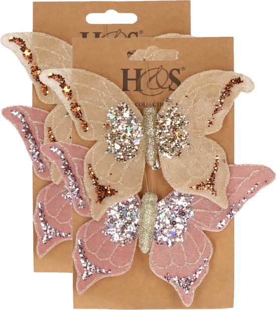 4x stuks kunststof decoratie vlinders op clip roze en beige 10 x 15 cm - vlindertjes versiering - Kerstboomversiering