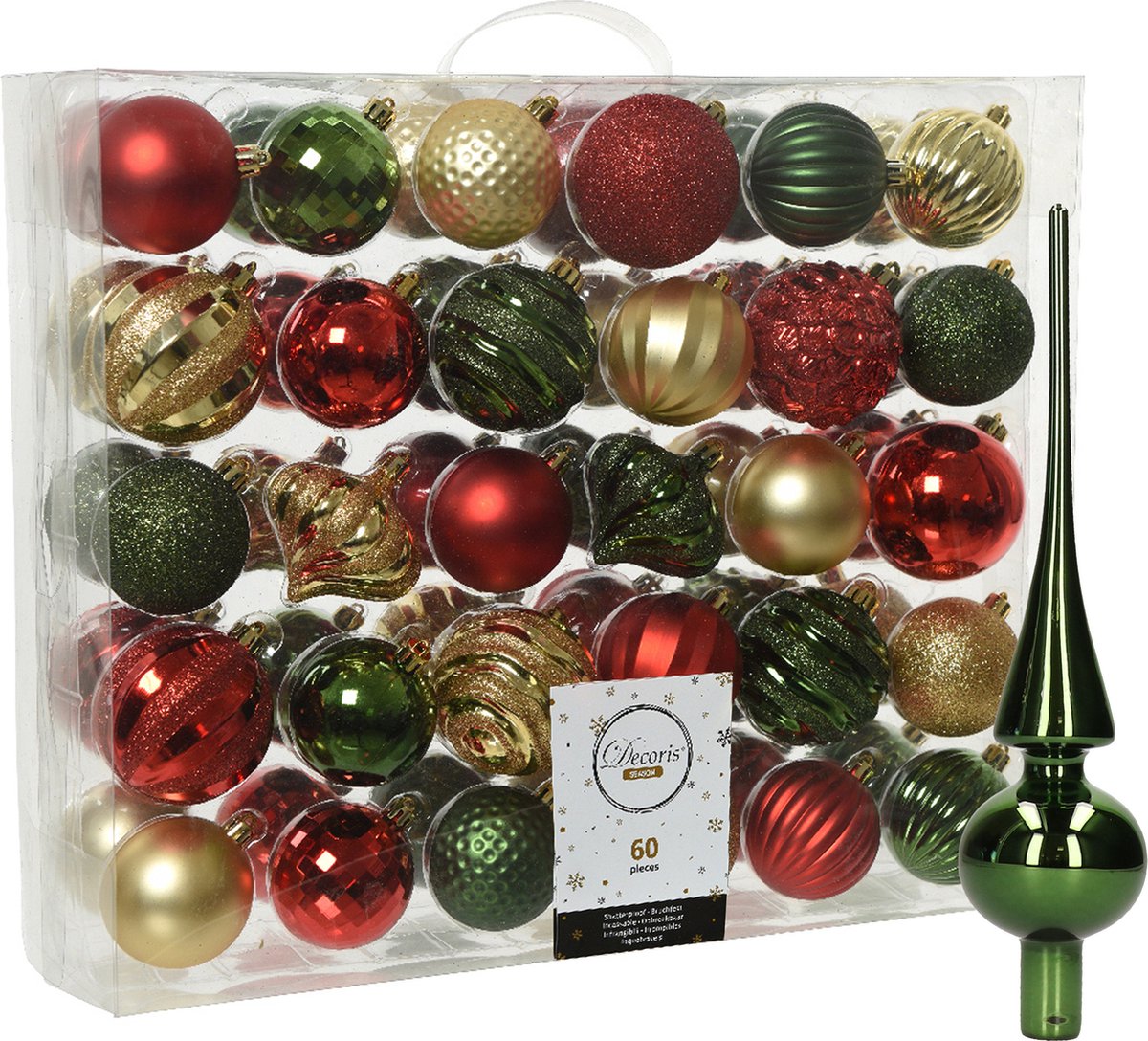Decoris kerstballen 60x kunststof 6-7 cm- met piek -rood-goud-groen