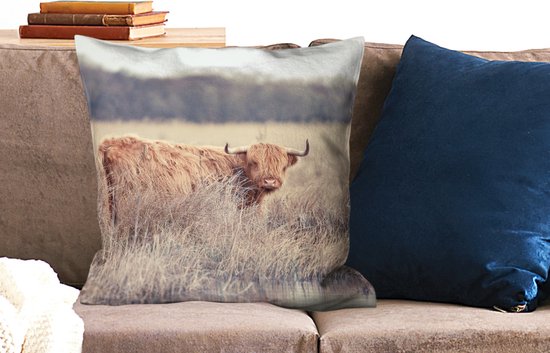 Sierkussen Highlander Cows pour usage intérieur - Highlander dans les hautes herbes - 60x60 cm - Coussin intérieur carré en coton