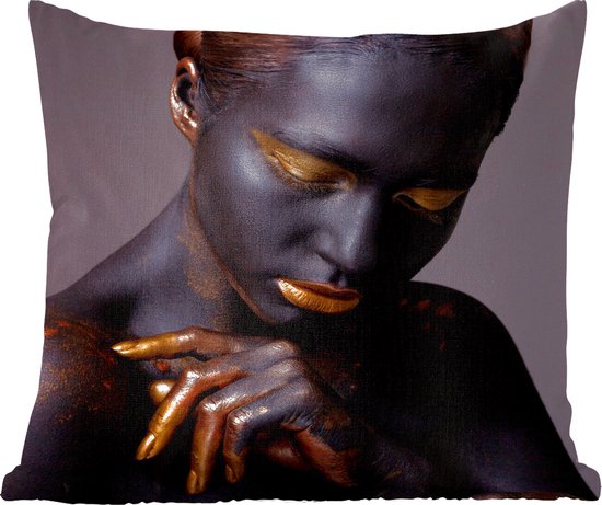 Sierkussens - Kussen - Donkere vrouw met gouden make-up - 45x45 cm - Kussen van katoen