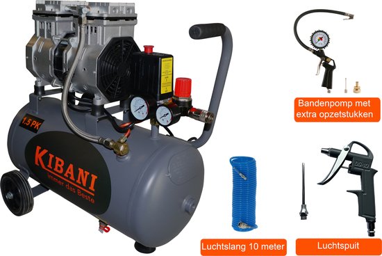 Grijze Kibani stille compressor met 24L tank, twee meters, handvat, luchtspuit, bandenpomp en blauwe luchtslang.