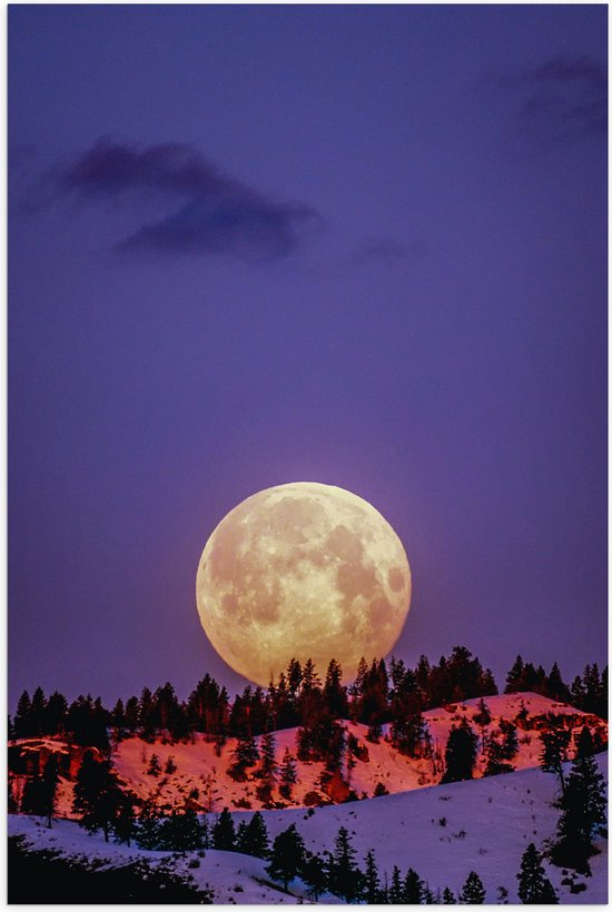 WallClassics - Poster (Mat) - Grote Volle Maan boven SneeuwBerg - 40x60 cm Foto op Posterpapier met een Matte look