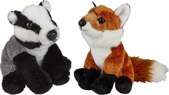 Bosdieren pluche knuffels - 2x stuks - Vos en Das - 15 cm