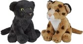 Ravensden - Safari dieren knuffels - 2x stuks - Zwarte Panter en Luipaard - 15 cm