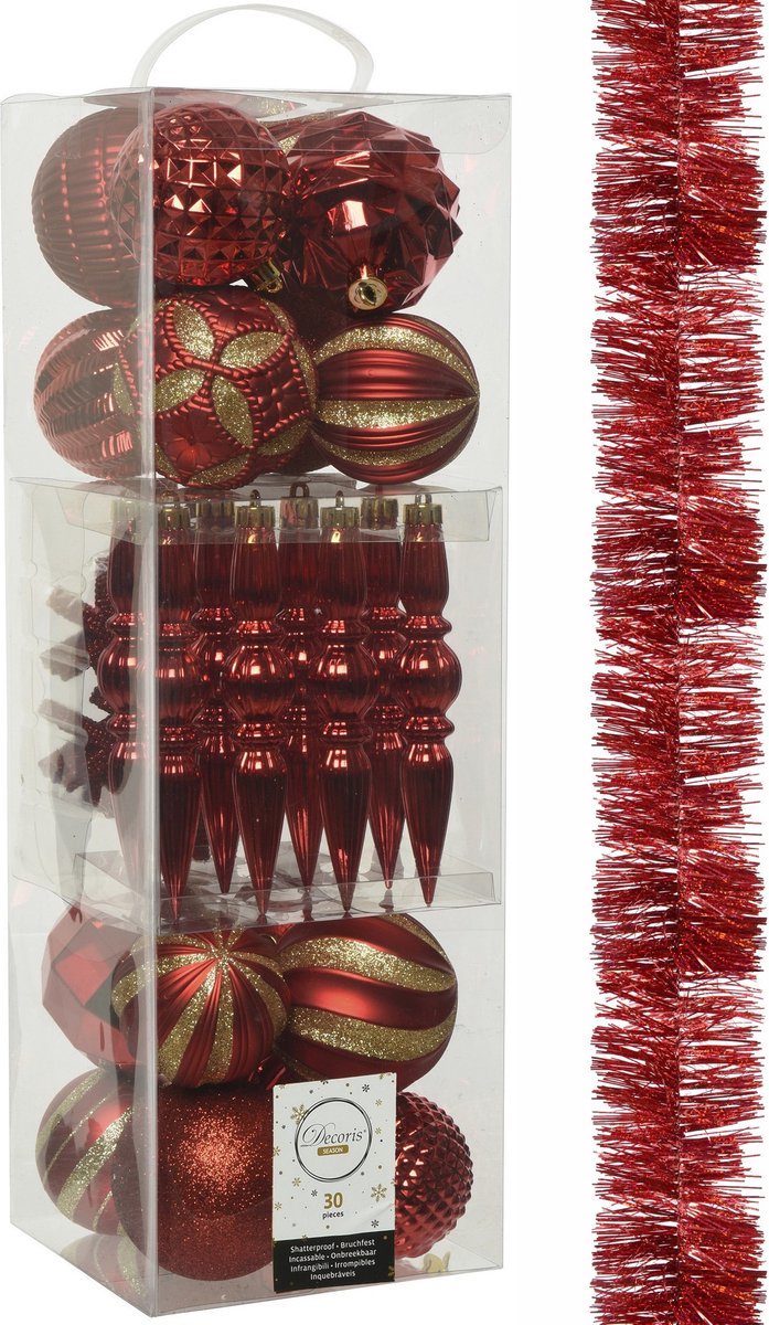 Decoris - kerstballen en slinger - 31x st - rood kunststof