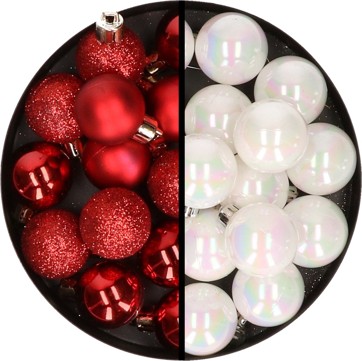 Kerstballen 36x stuks - 3 en 4 cm - rood en parelmoer wit - kunststof