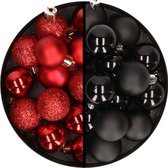 Kerstballen 36x stuks - 3 en 4 cm - rood en zwart - kunststof