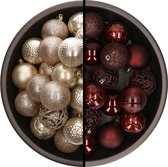 Kerstballen - 74x stuks - champagne en mahonie bruin - 6 cm - kunststof