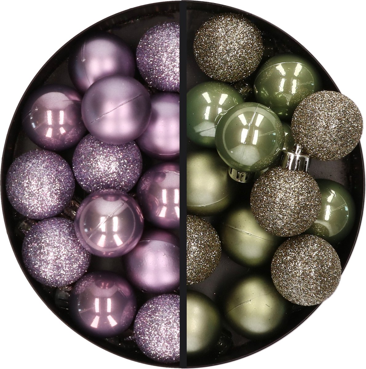 Kunststof kerstballen -28x st. - lila paars en legergroen-3 cm - kunststof