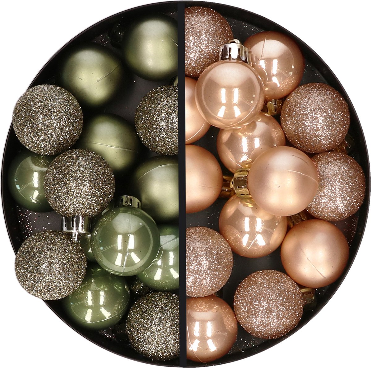 Kunststof kerstballen -28x st.- legergroen en lichtbruin -3 cm- kunststof
