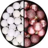 Kerstballen 34x st - 3 cm - wit en oudroze - kunststof