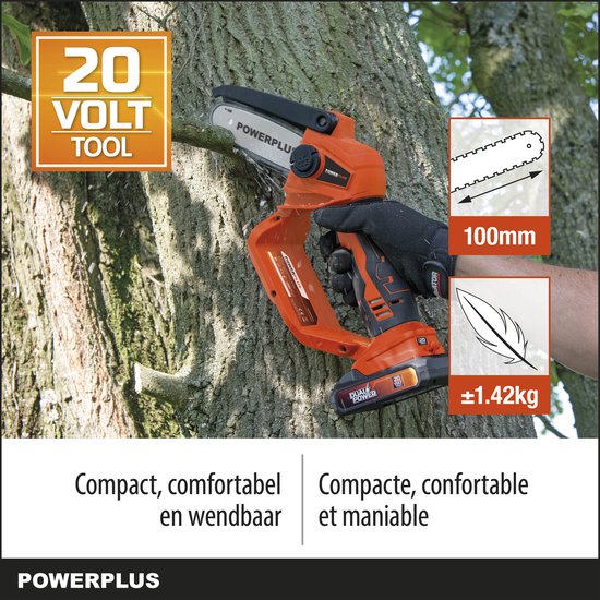 Dual Power Accu-kettingzaag POWDPG7572 - Snoeizaag op batterij van 20 V, zonder accu en lader, zaagblad van 10 cm met 14 tanden, tuingereedschap van Powerplus — afbeelding 2