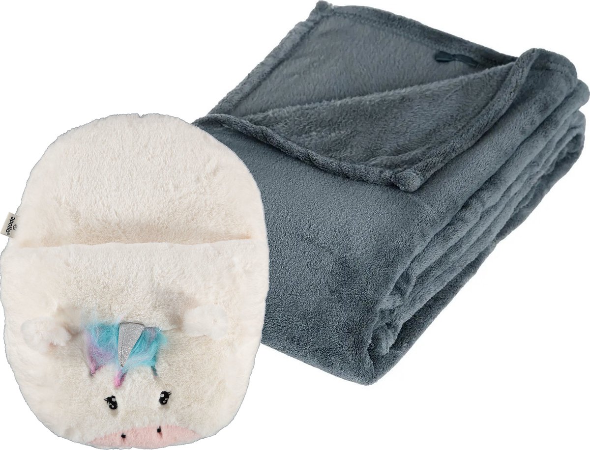 Goedkoopste Apollo - Fleece deken blauwgrijs 125 x 150 cm met voetenwarmer slof eenhoorn one size