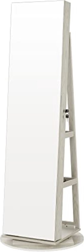 Signature Home Muret Sieradenkast - Juwelenkast - Juwelenkast met spiegel - spiegelkast - LED binnenverlichting - met frameloze passpiegel - 3 planken - 360° draaibaar - afsluitbaar - Wit met Houtnerf