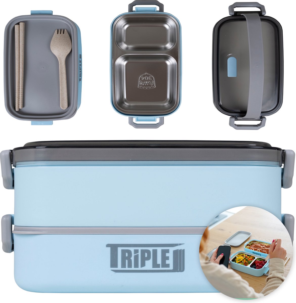 Triple J® Bento Box Lunchbox voor Volwassenen - Broodtrommel met Bestek - Incl. 3 Compartimenten - Magnetron, Vaatwasser & Vriezer Bestendig