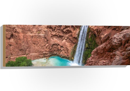 WallClassics - Hout - Havasu Falls Waterval in Arizona - 90x30 cm - 12 mm dik - Foto op Hout (Met Ophangsysteem)