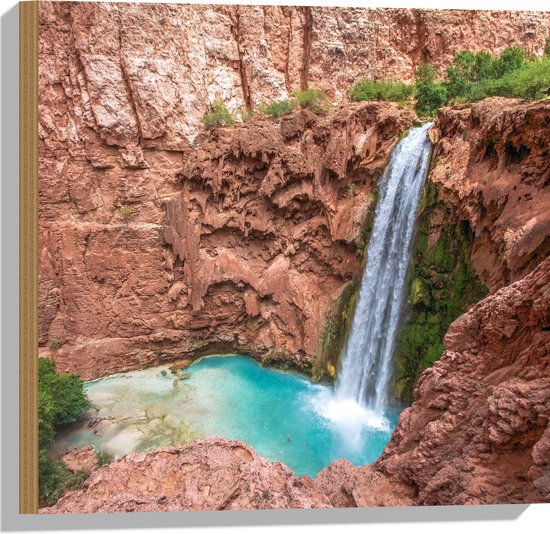WallClassics - Hout - Havasu Falls Waterval in Arizona - 50x50 cm - 12 mm dik - Foto op Hout (Met Ophangsysteem)