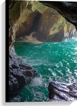 WallClassics - Canvas  - Helderblauw Water in Bruine Grot - 40x60 cm Foto op Canvas Schilderij (Wanddecoratie op Canvas)