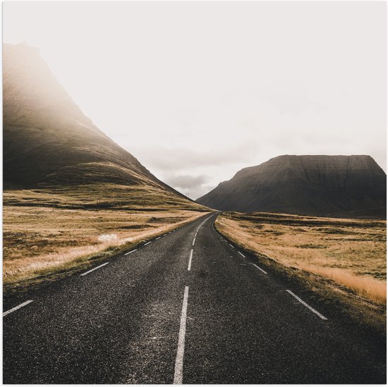 WallClassics - Poster brillant - Route à travers une zone déserte avec Montagnes - Photo 50x50 cm sur papier poster brillant