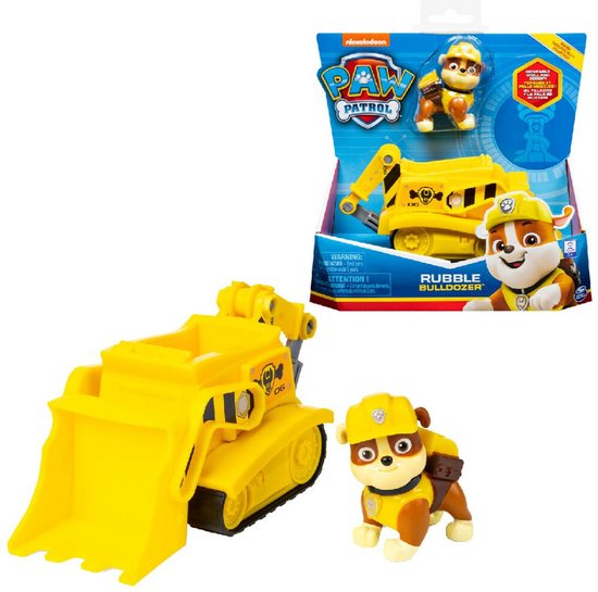 Paw Patrol Rubble's Bulldozer speelgoed met Rubble figuur. Gele bulldozer met figuur van hond in geel vest en helm.