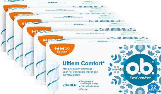 o.b. ProComfort Super Tampons voor de zwaardere menstruatiedagen, met Dynamic Fit-technologie en SilkTouch oppervlak voor ultiem comfort en betrouwbare bescherming, 6 x 32 stuks