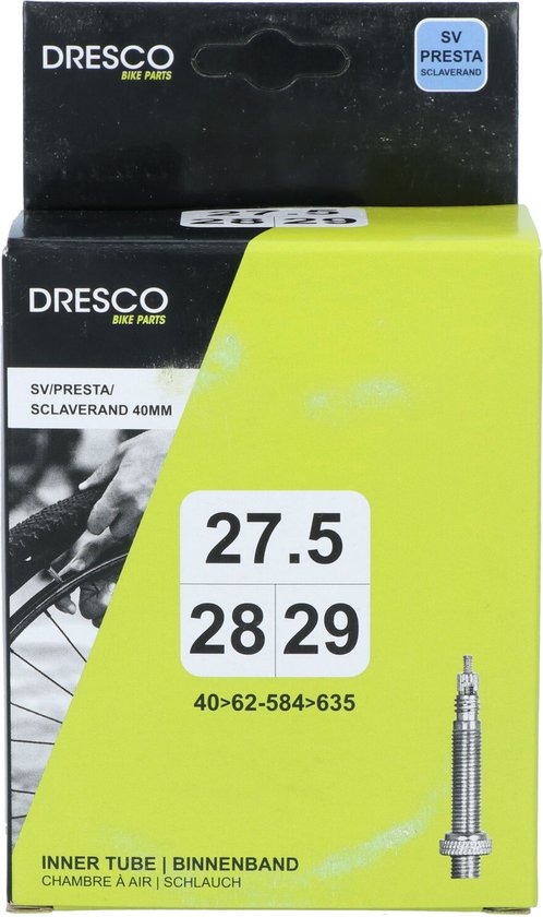 Groene Dresco fietsband doos met afbeelding van fietswiel. '27.5 28 29' in wit. SV Presta 40mm Sclaverand.