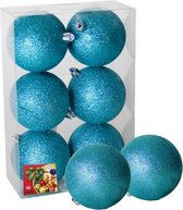 Gerim Kerstballen - 6 stuks - ijsblauw - kunststof - glitters - D8 cm