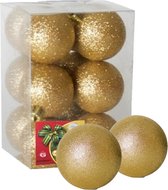 Gerim Kerstballen - 12 stuks - goud - kunststof - glitters - D6 cm