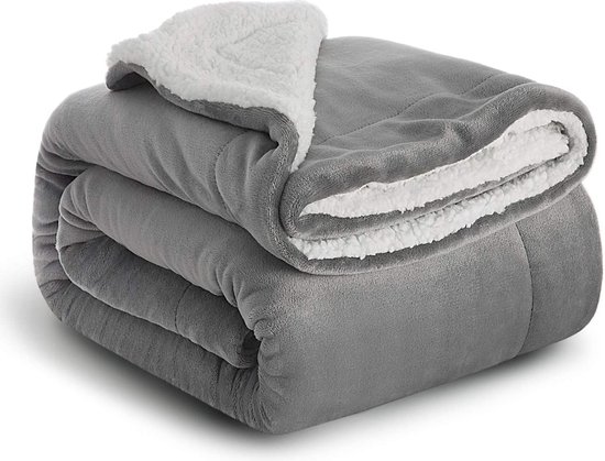 BEDSURE sherpa deken fleece microvezel voor bed en bank grijs 130x150cm, super zachte donzige deken voor woonkamer en slaapkamer