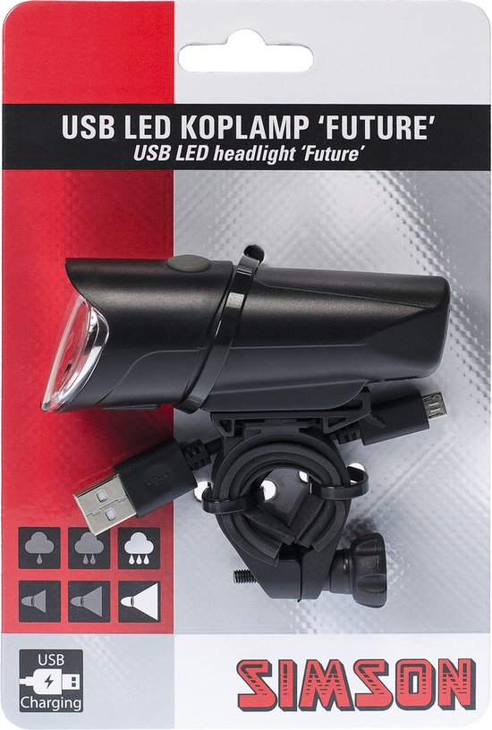 Simson USB LED fietskoplamp - 30 LUX - Oplaadbaar met USB - Eenvoudige montage
