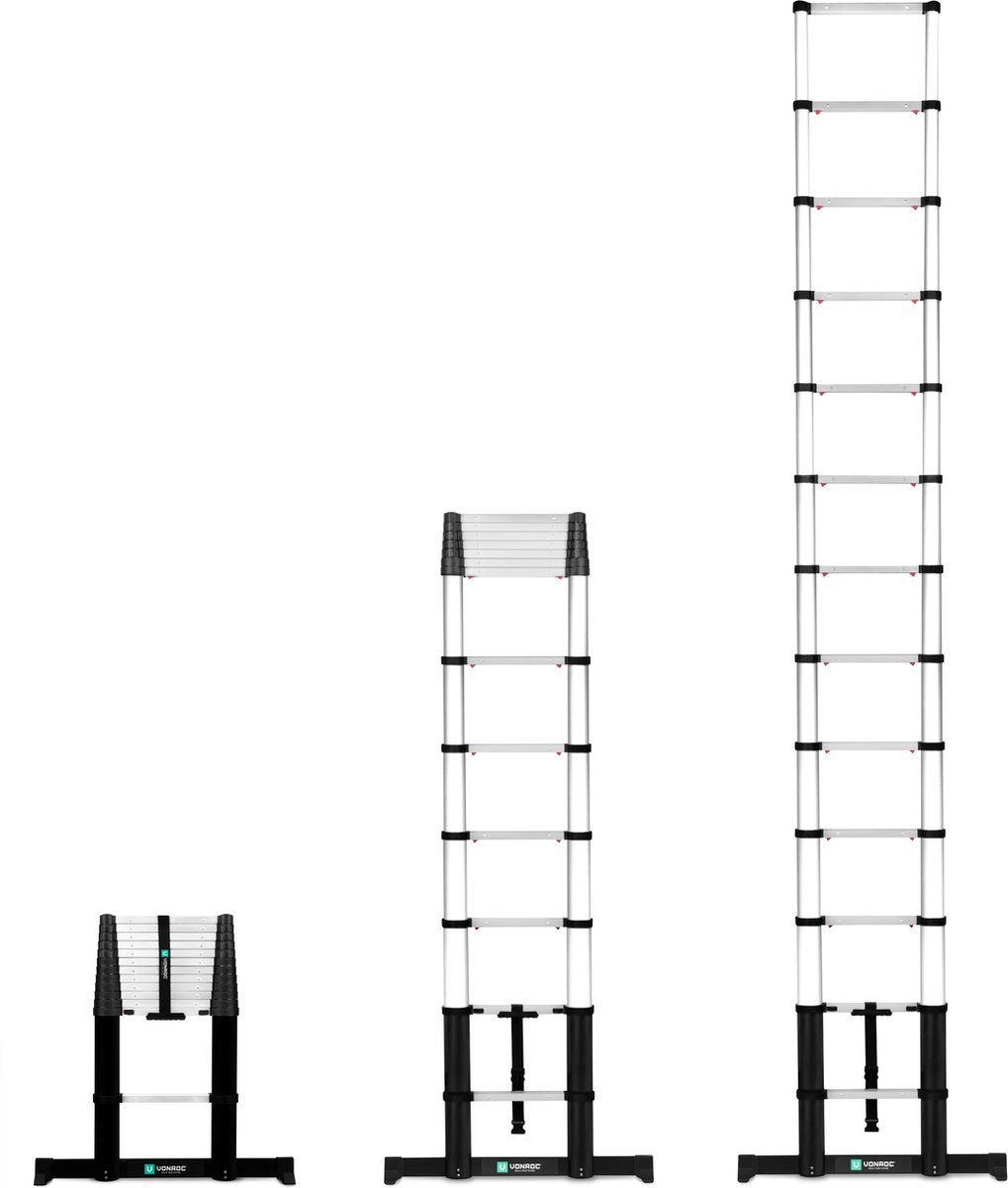 VONROC Professionele Telescopische ladder – 3.8m – met softclose & dwarsbalk – Veilig & solide