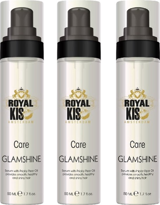 Drie flacons Royal KIS Care Glamshine serum met Prickly Pear Oil, 50 ml per stuk.