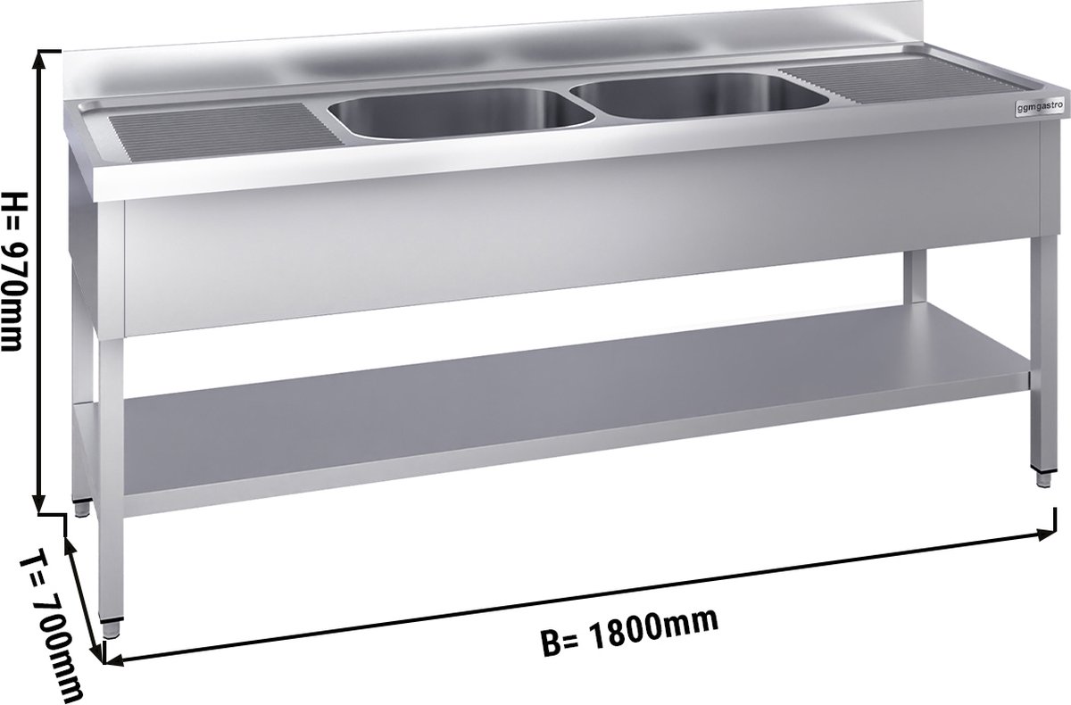 Spoeltafel met plank 1,8 m - 2 spoelbakken gecentreerd L 40 x B 50 x T 25 cm | GGM Gastro