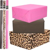 6x Rollen kraft inpakpapier pakket panter/luipaard thema roze/zwart 200 x 70 cm/cadeaupapier/verzendpapier/kaftpapier