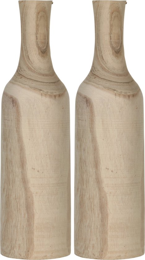 2x Houten vaas/vazen fles bruin 47 x 14 cm rond - Flesvormige decoratie vazen van paulownia hout 8 liter - woondecoratie/woonaccessoires