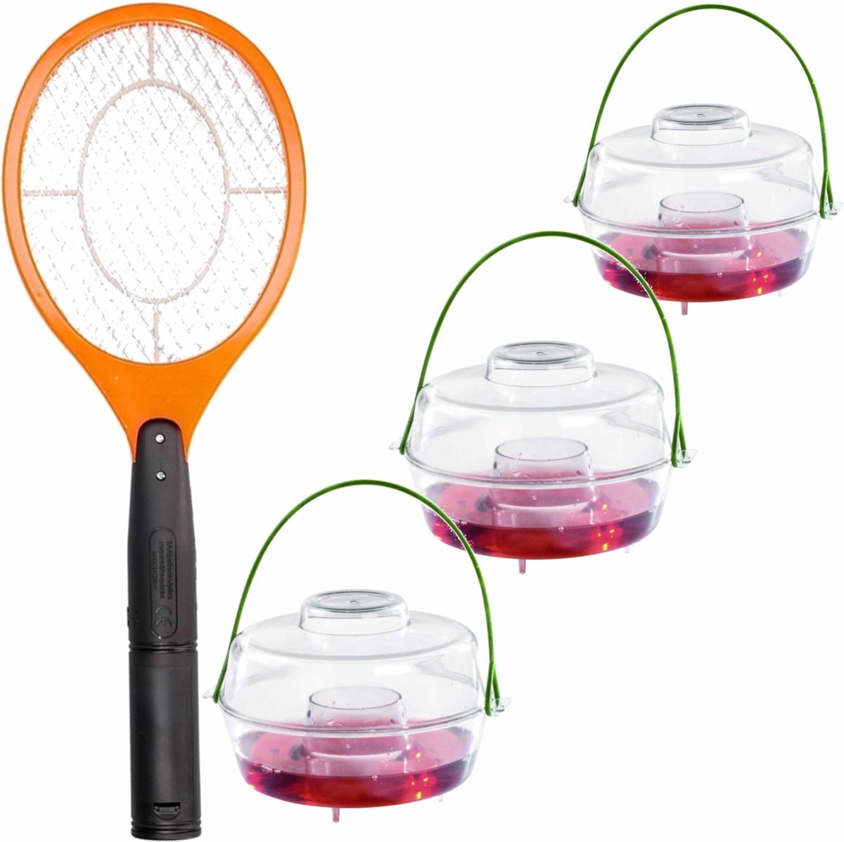 Wespen bestrijding set van 3x wespenvallen van 13 cm en een vliegenmepper/wespenkiller