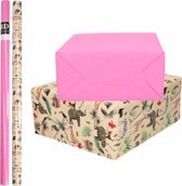6x Rollen kraft inpakpapier jungle/oerwoud pakket - dieren/roze 200 x 70 cm - cadeau/verzendpapier