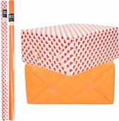 6x Rollen kraft inpakpapier liefde/rode hartjes pakket - oranje 200 x 70 cm - cadeau/verzendpapier