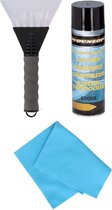 Vitres de voiture Grattoir à glace soft grip 25 cm avec spray de dégivrage pour vitres et chiffon antibuée - Extérieur et intérieur sans glace