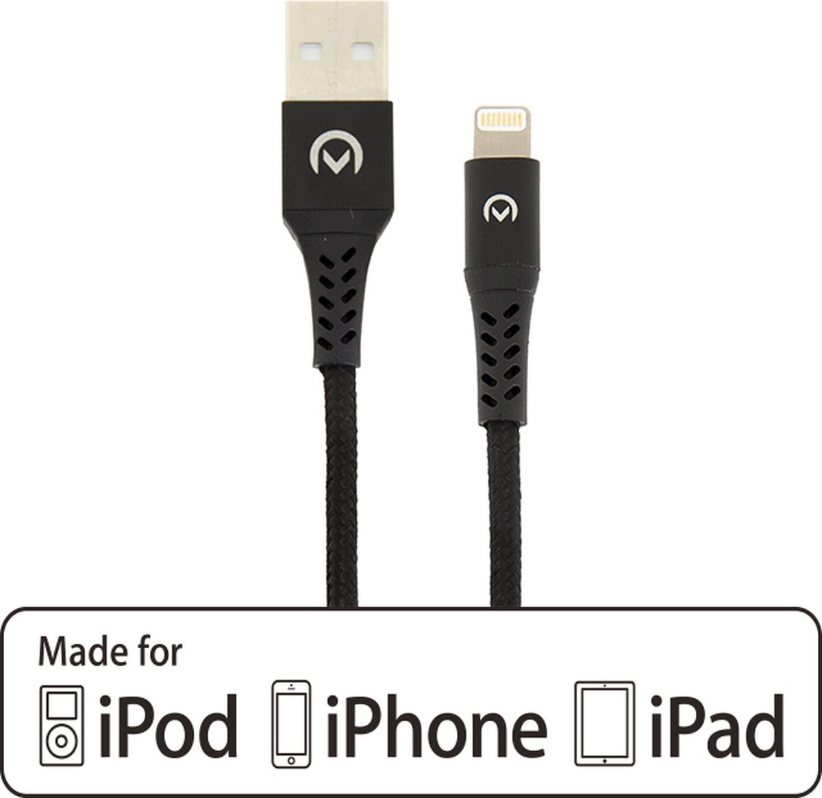 Mobilize Nylon USB-A naar Apple Lightning Kabel MFI 1 Meter - Zwart