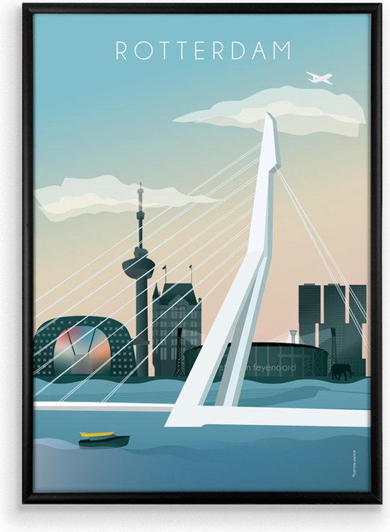 Skyline Poster Rotterdam Gekleurd in Zwarte Lijst