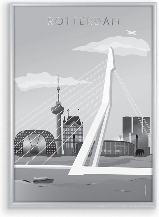 Skyline Poster Rotterdam Zwart-Wit Met Glanslaag in Zilveren Lijst