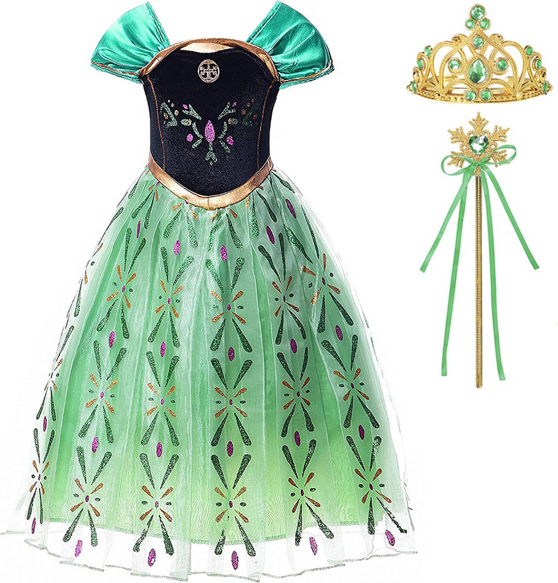Frozen prinsessenjurk meisje - Anna groene jurk - Het Betere Merk - Prinsessen speelgoed - (110)- Verkleedkleren Meisje- Tiara - Kroon - Toverstaf prinses