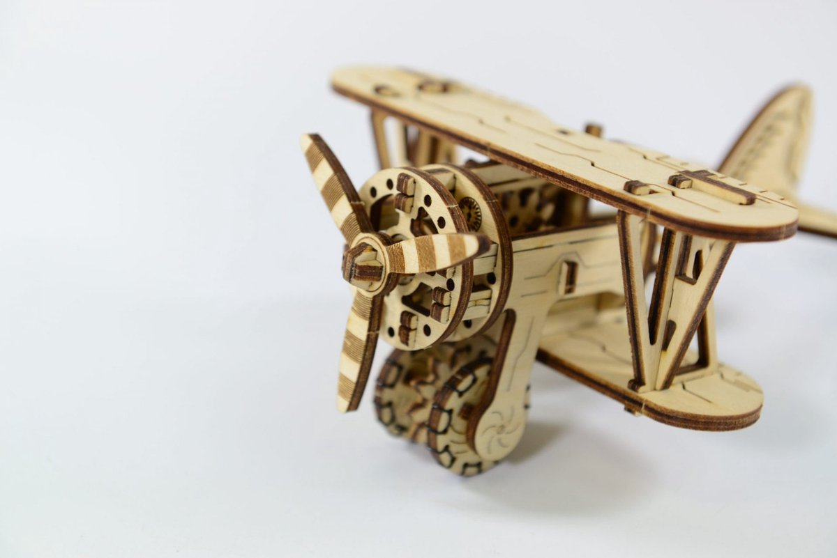Wooden City modelbouwpakket Vliegtuig Dubbeldekker hout - 88mm hoog x 232mm breed x 140mm diep - naturel kleur