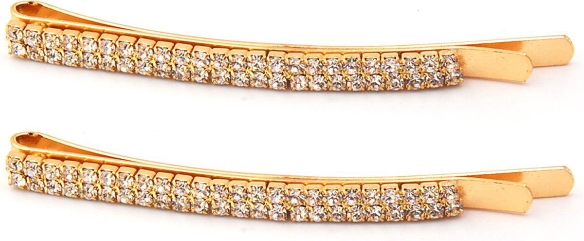 Set van 2 haarspeldjes haarschuifjes goudkleurig met dubbele rij strass