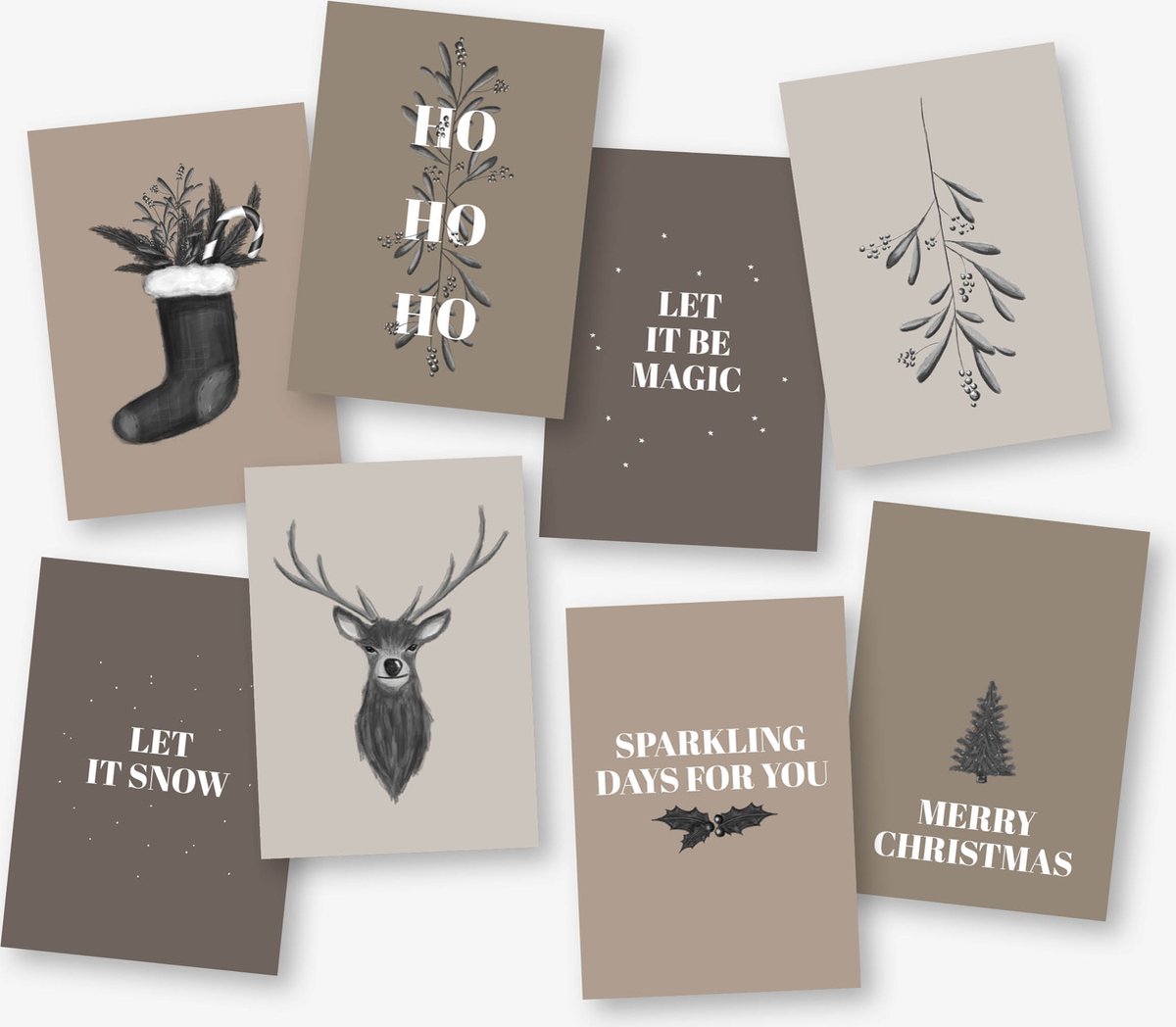 Kerstkaarten | Hippe dubbele kerstkaarten | Set 8 stuks | Unieke illustraties | incl. enveloppen | MOODZ design