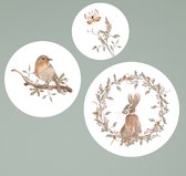 Muurcirkel set van 3 bosdieren vogel, vlinder en haas-kinderkameraccessoires-decoratie-bosdieren-muurcirkel