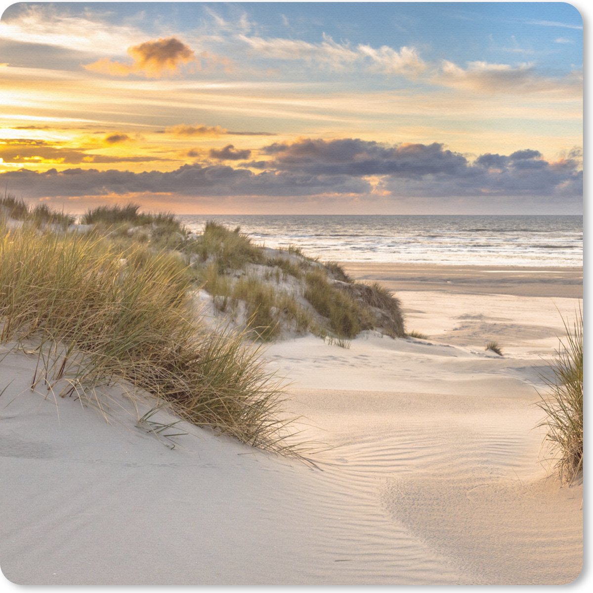 Muismat 30x30 cm - Mousepad Strand - Duin - Gras - Zonsondergang - Zee - Muismatten